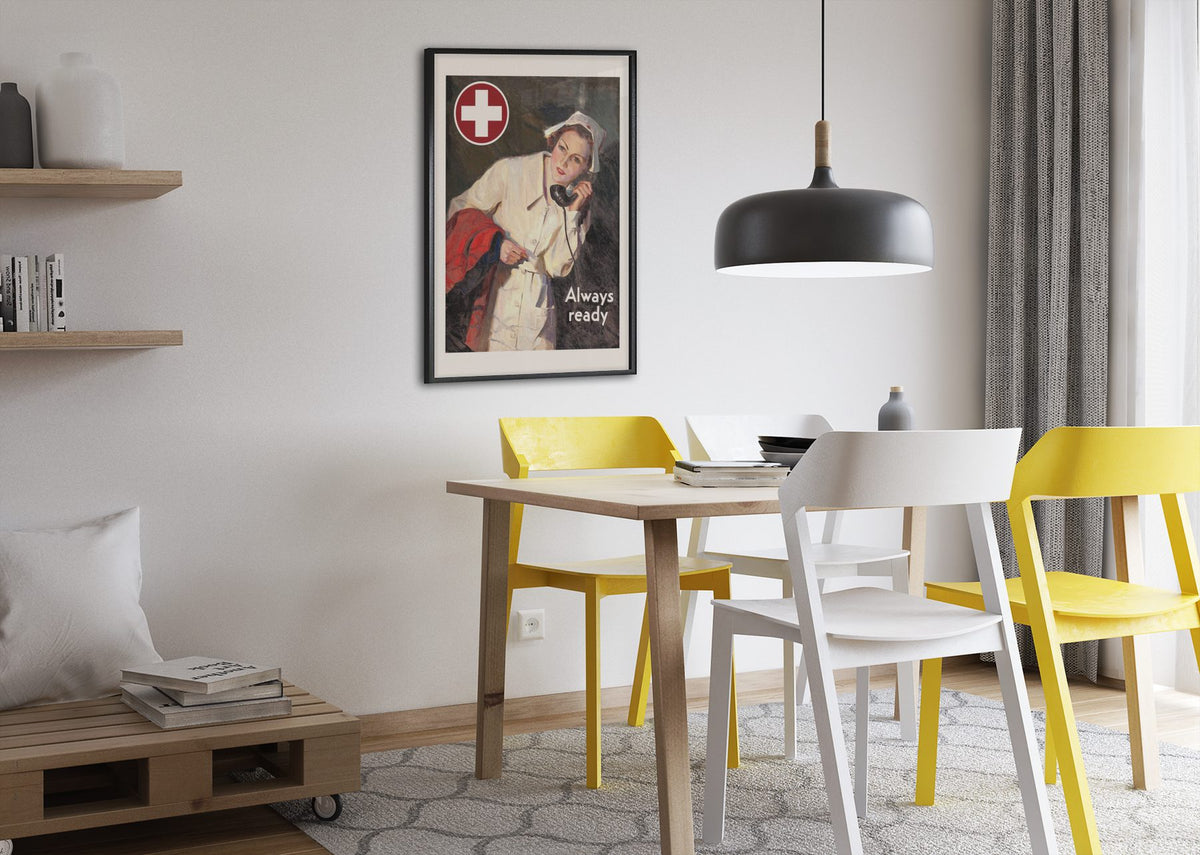 Always Ready Red Cross Nurse poster framed above a dining table