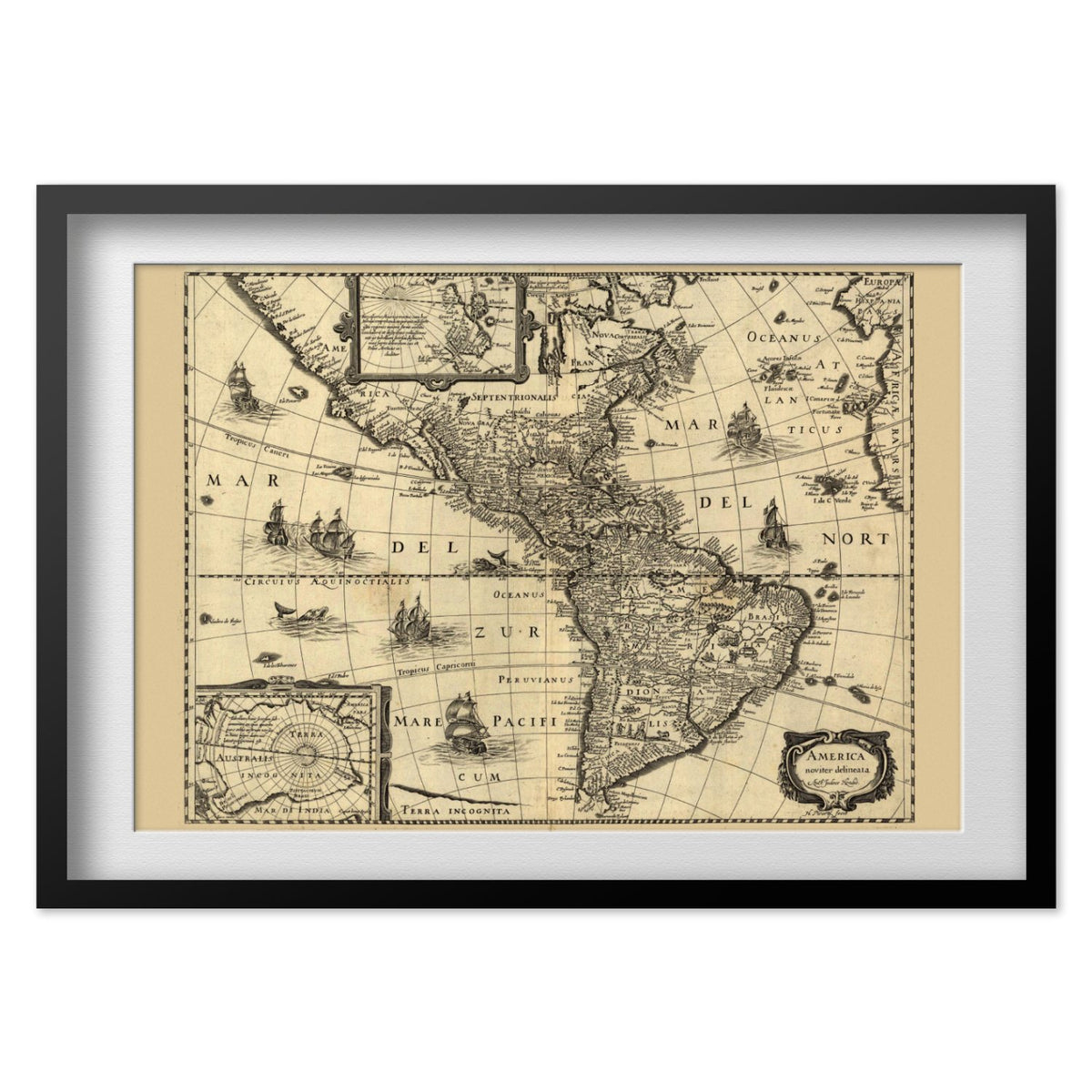 America 1640 New World Map print in a black frame