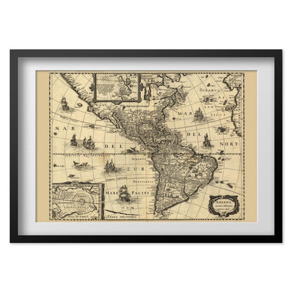 America 1640 New World Map print in a black frame