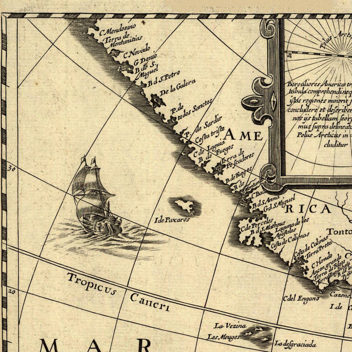 Close-up detail of the America 1640 New World Map print