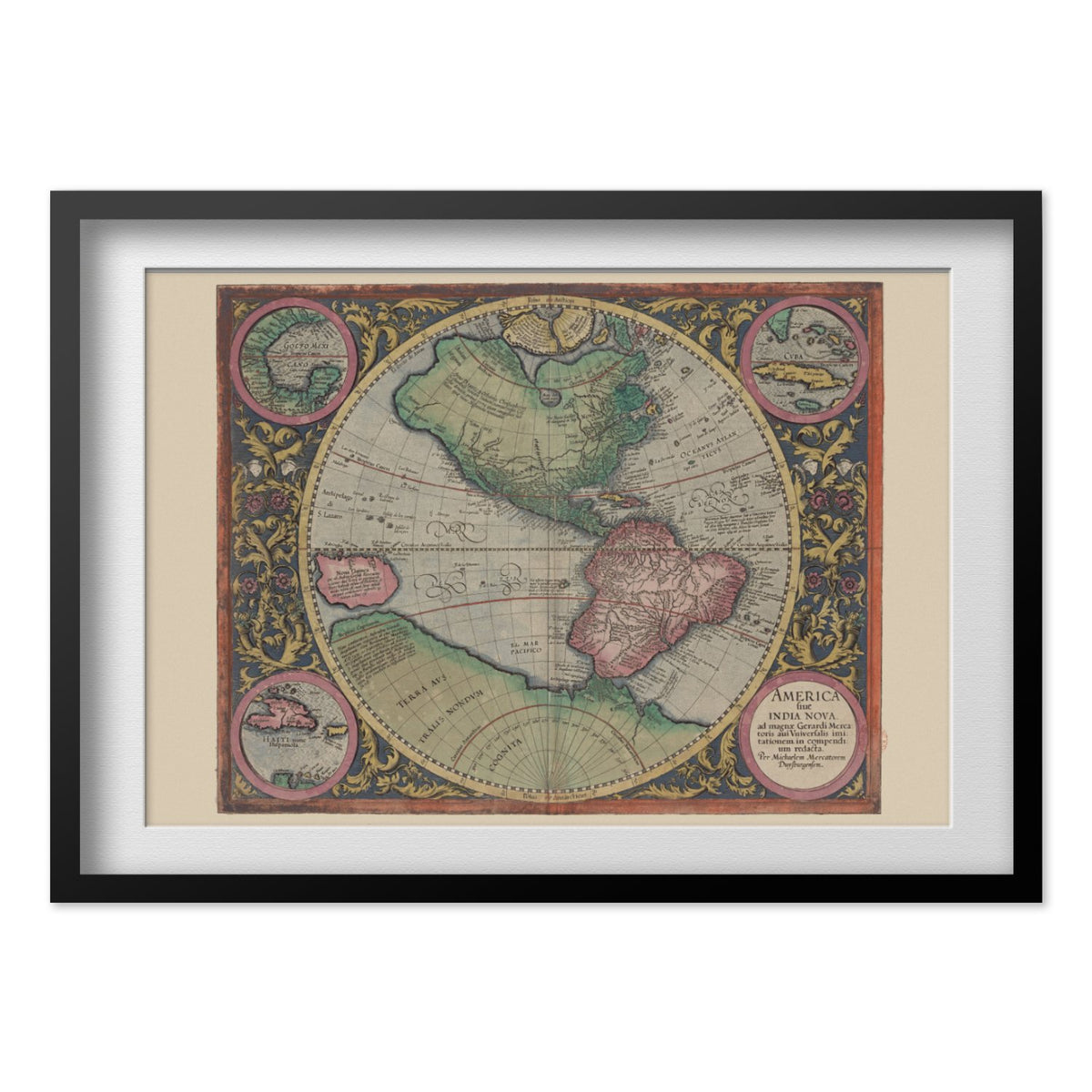 America sive India Nova 1595 print in a black frame
