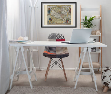 America sive Novus Orbis 1596 framed above a white desk in a home office