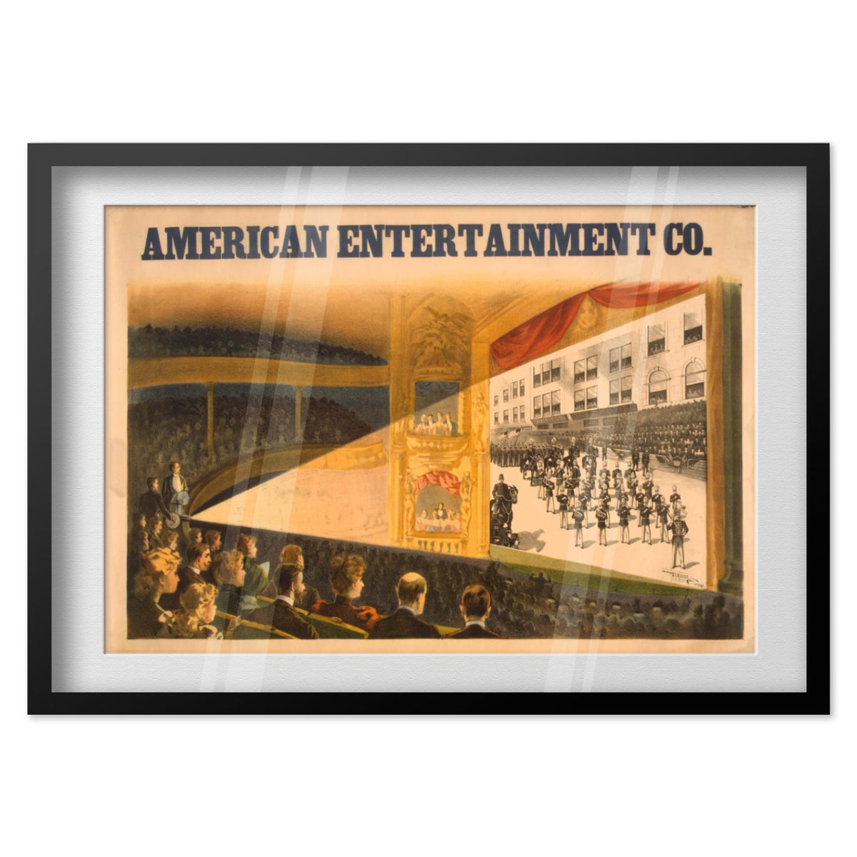 American Entertainment Co Moving Pictures poster in a black frame