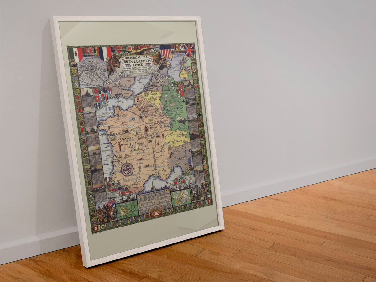 American Expeditionary Forces Battle Map poster in a white frame leaning against a wall