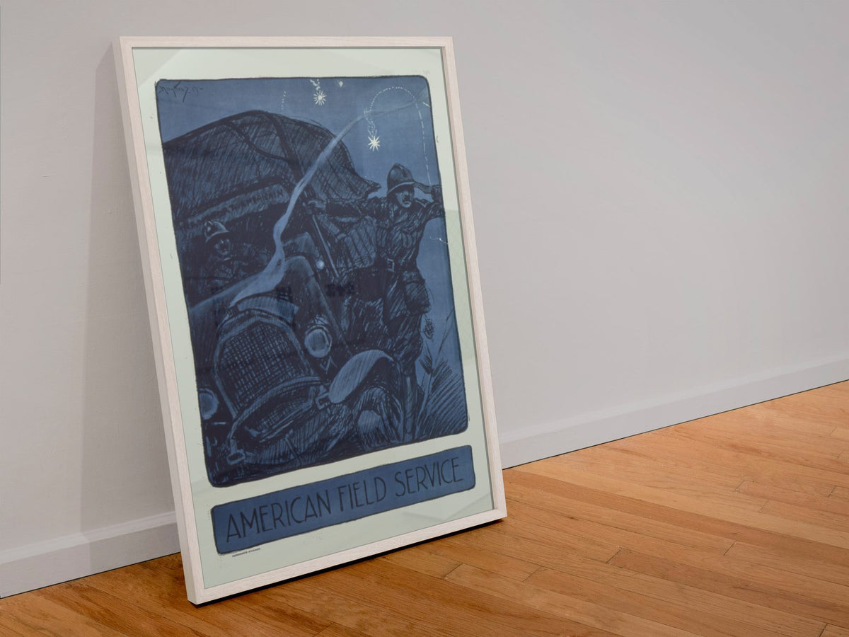 American Field Service poster in a white frame leaning against a wall