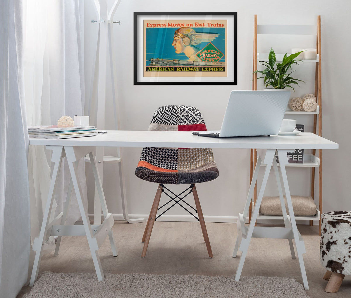 American Railway Express — Mercury poster framed above a white desk in a home office