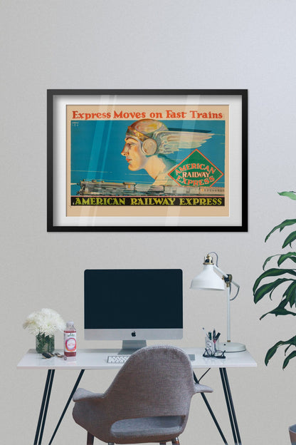 American Railway Express — Mercury poster framed on a grey wall above a desk