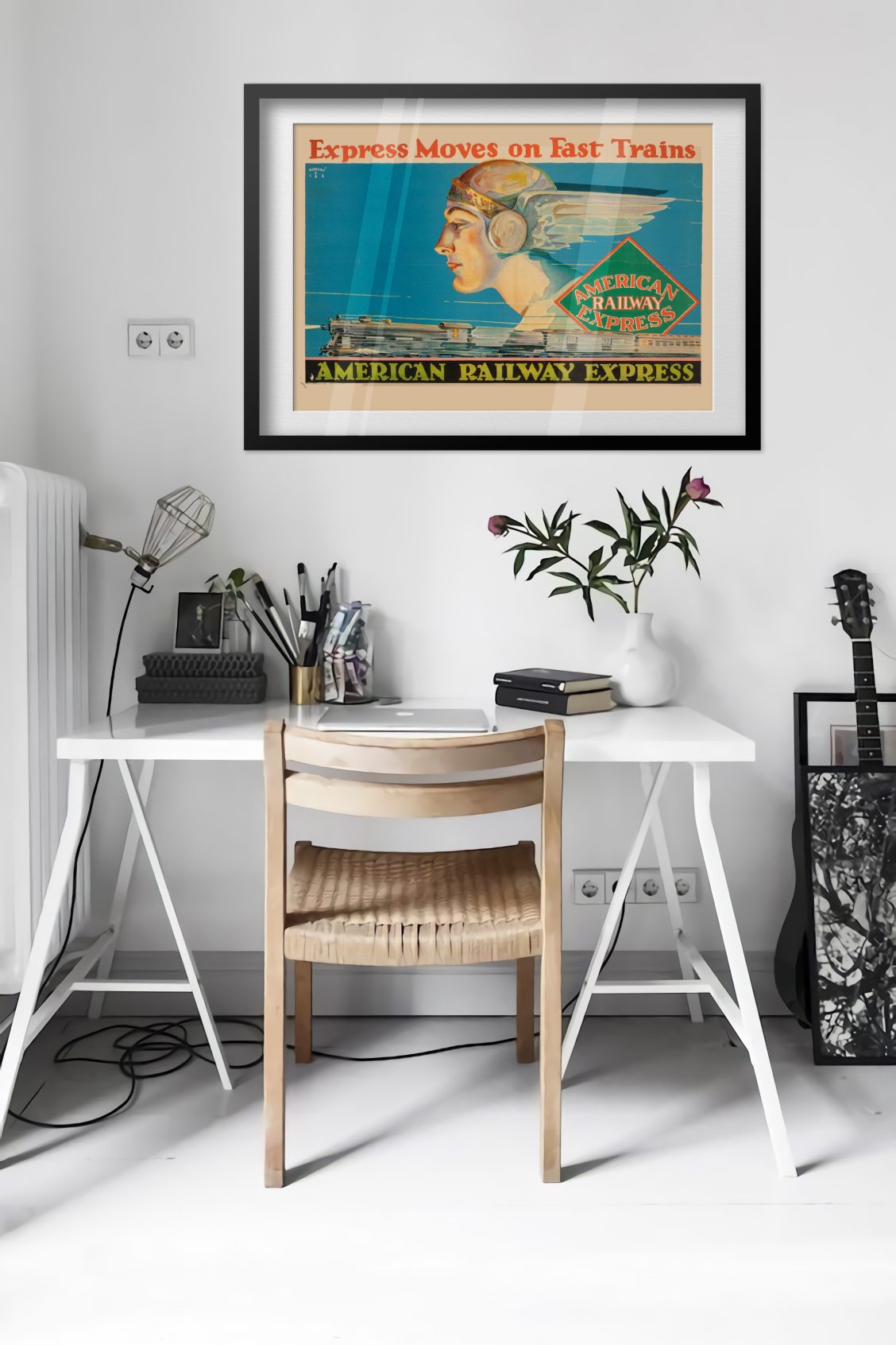 American Railway Express — Mercury poster framed above a desk in a bright white room