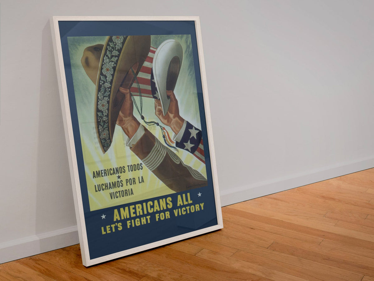 Americans All Lets Fight for Victory poster in a white frame leaning against a wall