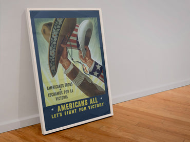 Americans All Lets Fight for Victory poster in a white frame leaning against a wall