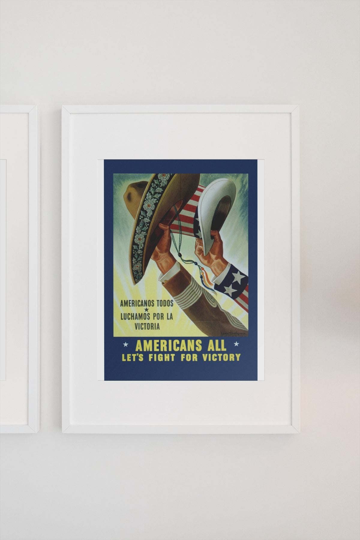Americans All Lets Fight for Victory poster on a light wall