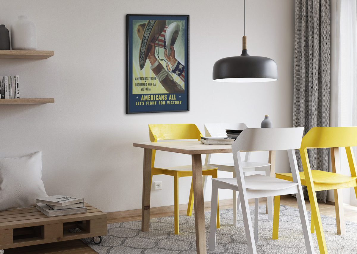 Americans All Lets Fight for Victory poster framed above a dining table