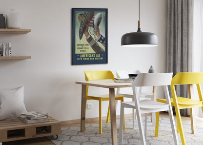 Americans All Lets Fight for Victory poster framed above a dining table