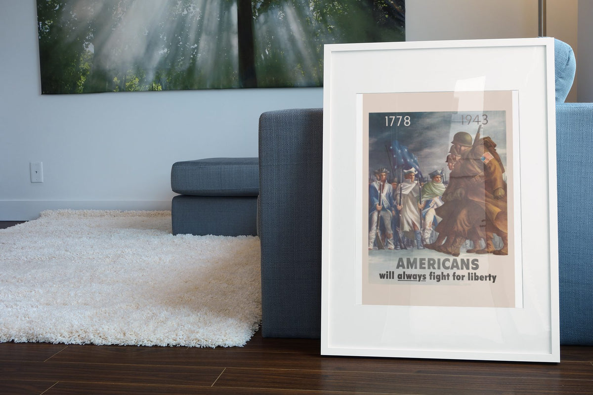 Americans Will Always Fight for Liberty poster leaning beside a blue sofa