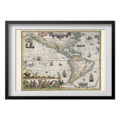 Americas and Pacific 1609 Map print in a black frame