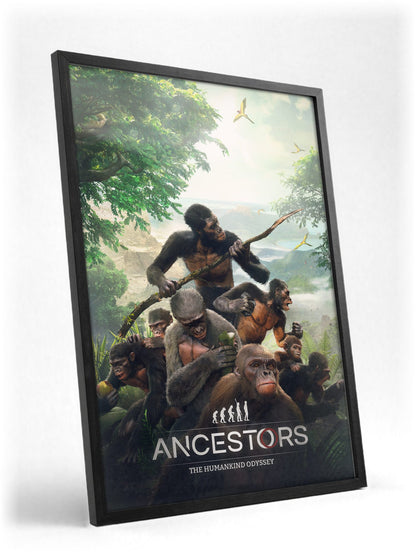 Ancestors: The Humankind Odyssey Key Art poster in a black frame with glass leaning against a wall