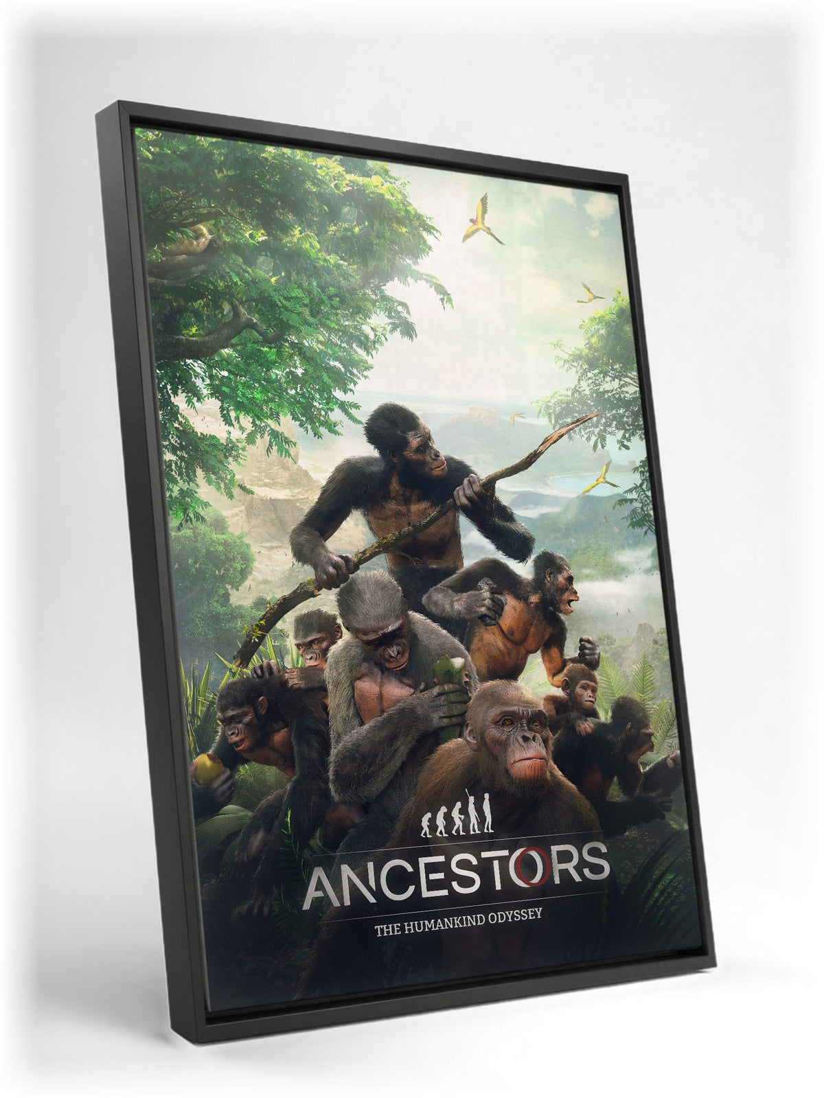 Ancestors: The Humankind Odyssey Key Art as a black floater framed canvas leaning against a wall