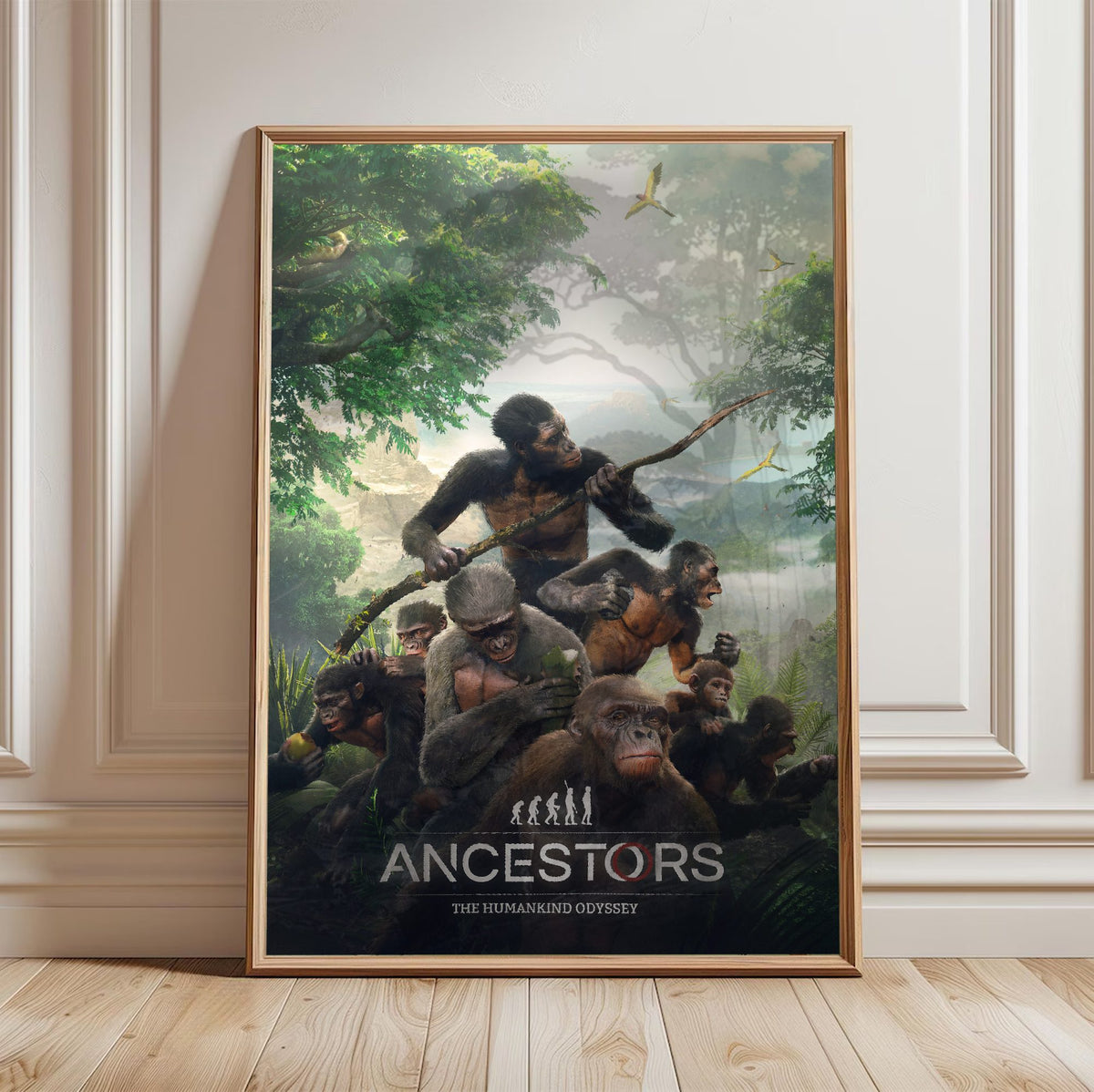 Ancestors: The Humankind Odyssey Key Art poster in a light oak frame leaning against a white wall
