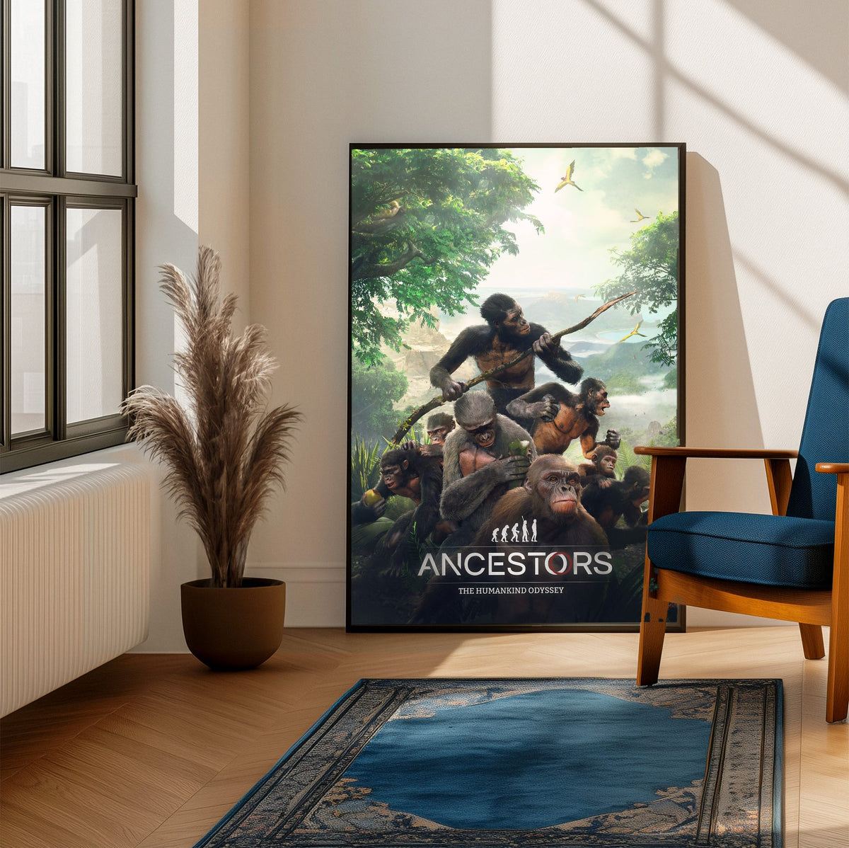 Ancestors: The Humankind Odyssey Key Art poster framed beside a blue armchair in a sunlit room