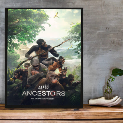 Ancestors: The Humankind Odyssey Key Art poster in a black frame on a wooden shelf against concrete