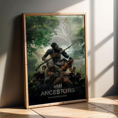 Ancestors: The Humankind Odyssey Key Art poster in an oak frame leaning on a wooden floor