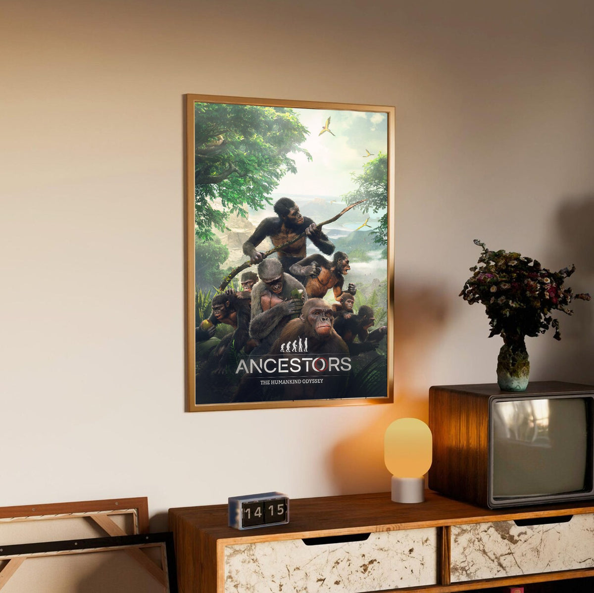 Ancestors: The Humankind Odyssey Key Art poster in an oak frame above a sideboard