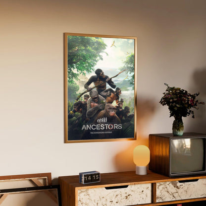 Ancestors: The Humankind Odyssey Key Art poster in an oak frame above a sideboard