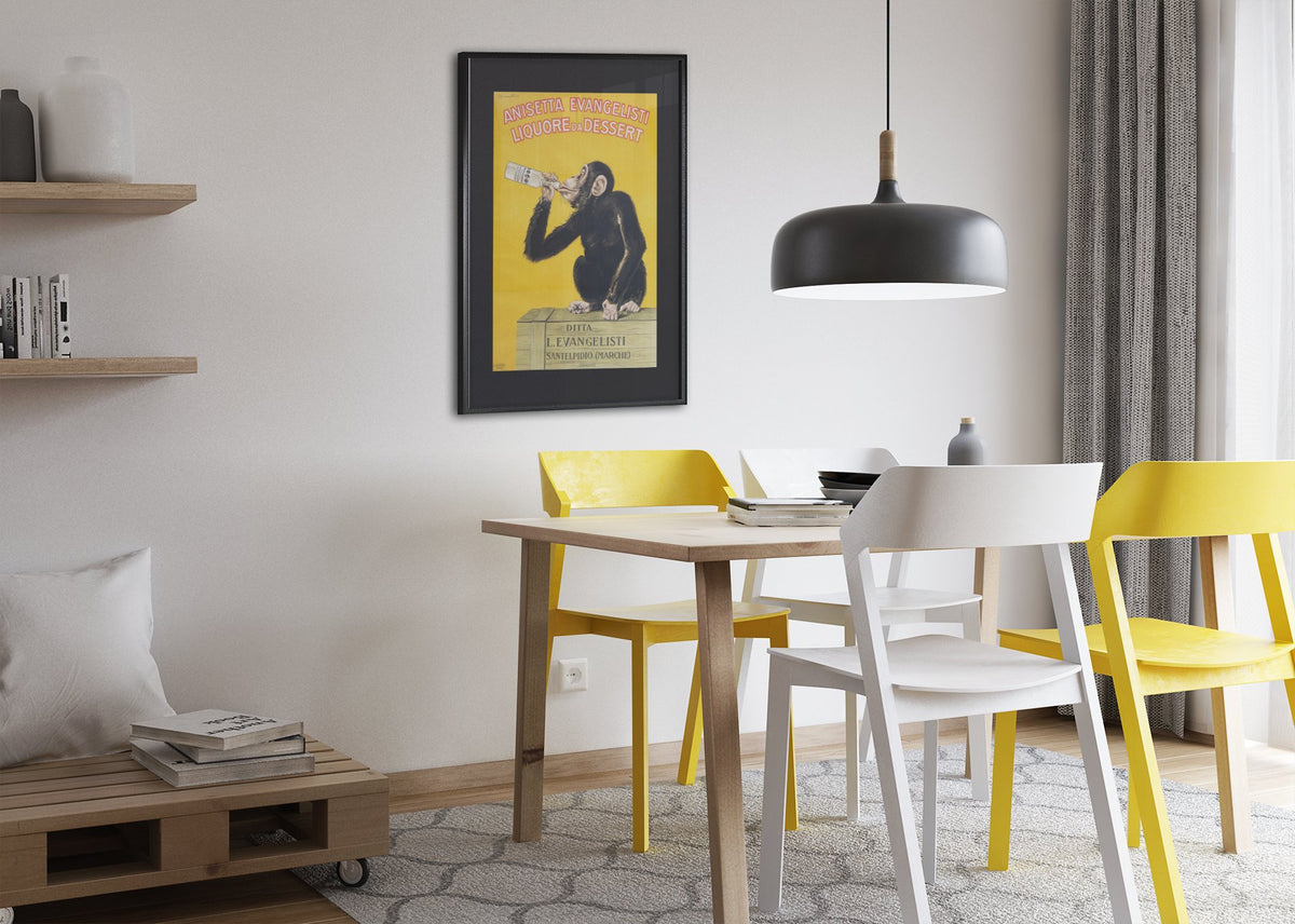 Anisetta Evangelisti 1925 monkey poster framed above a dining table