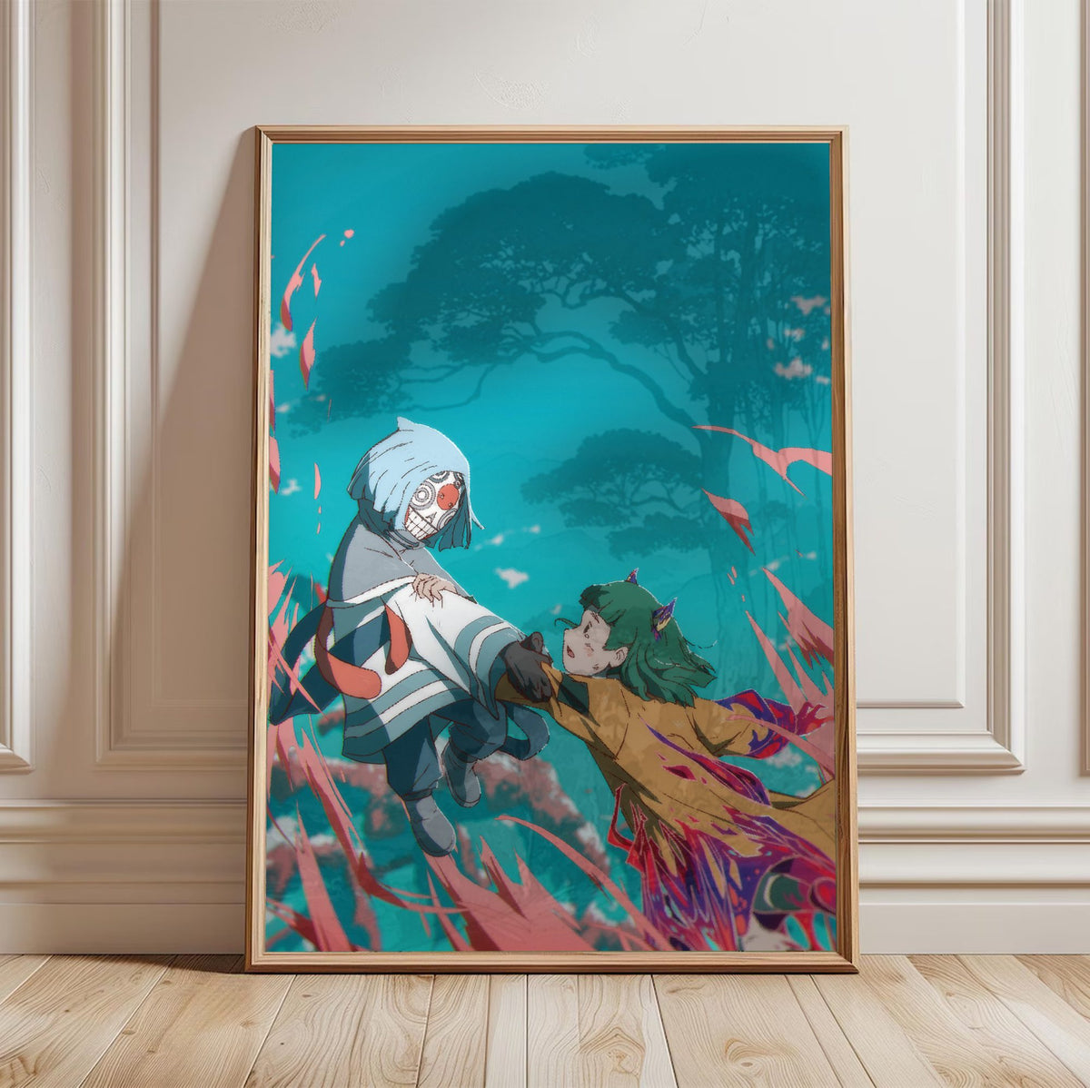 Another World (2025) Movie Key Art poster in a light oak frame leaning against a white wall