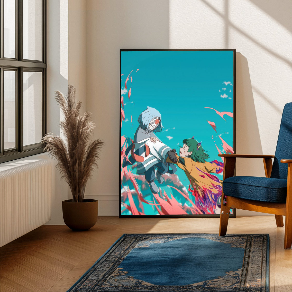 Another World (2025) Movie Key Art poster framed beside a blue armchair in a sunlit room