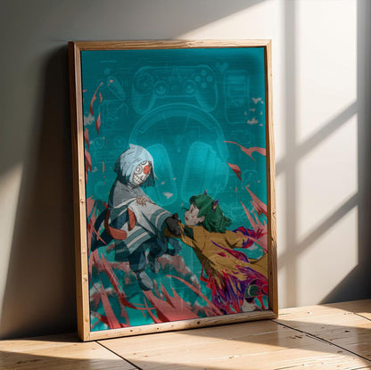 Another World (2025) Movie Key Art poster in an oak frame leaning on a wooden floor