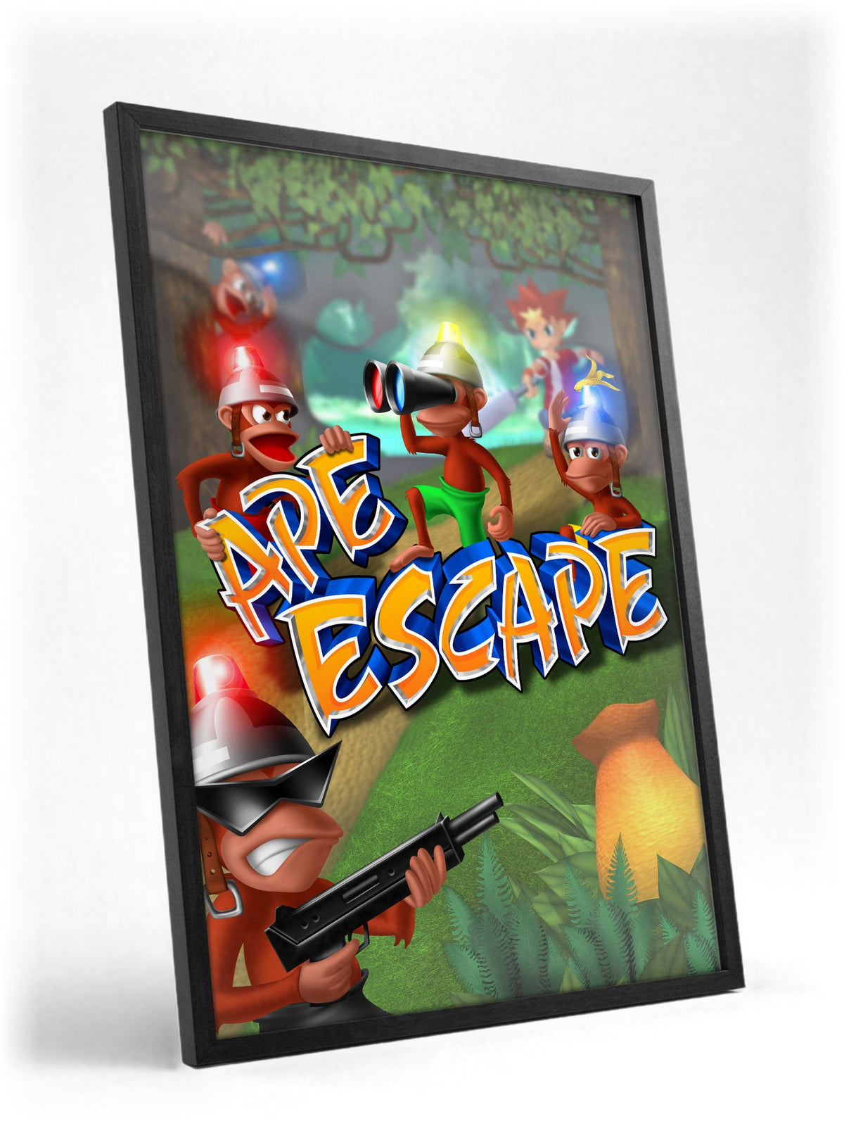 Ape Escape Key Art poster in a black frame with glass leaning against a wall