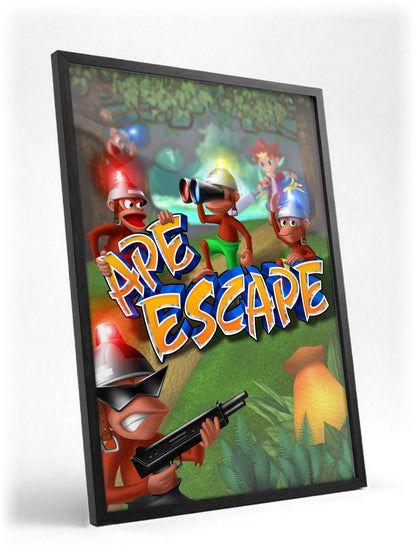 Ape Escape Key Art poster in a black frame with glass leaning against a wall
