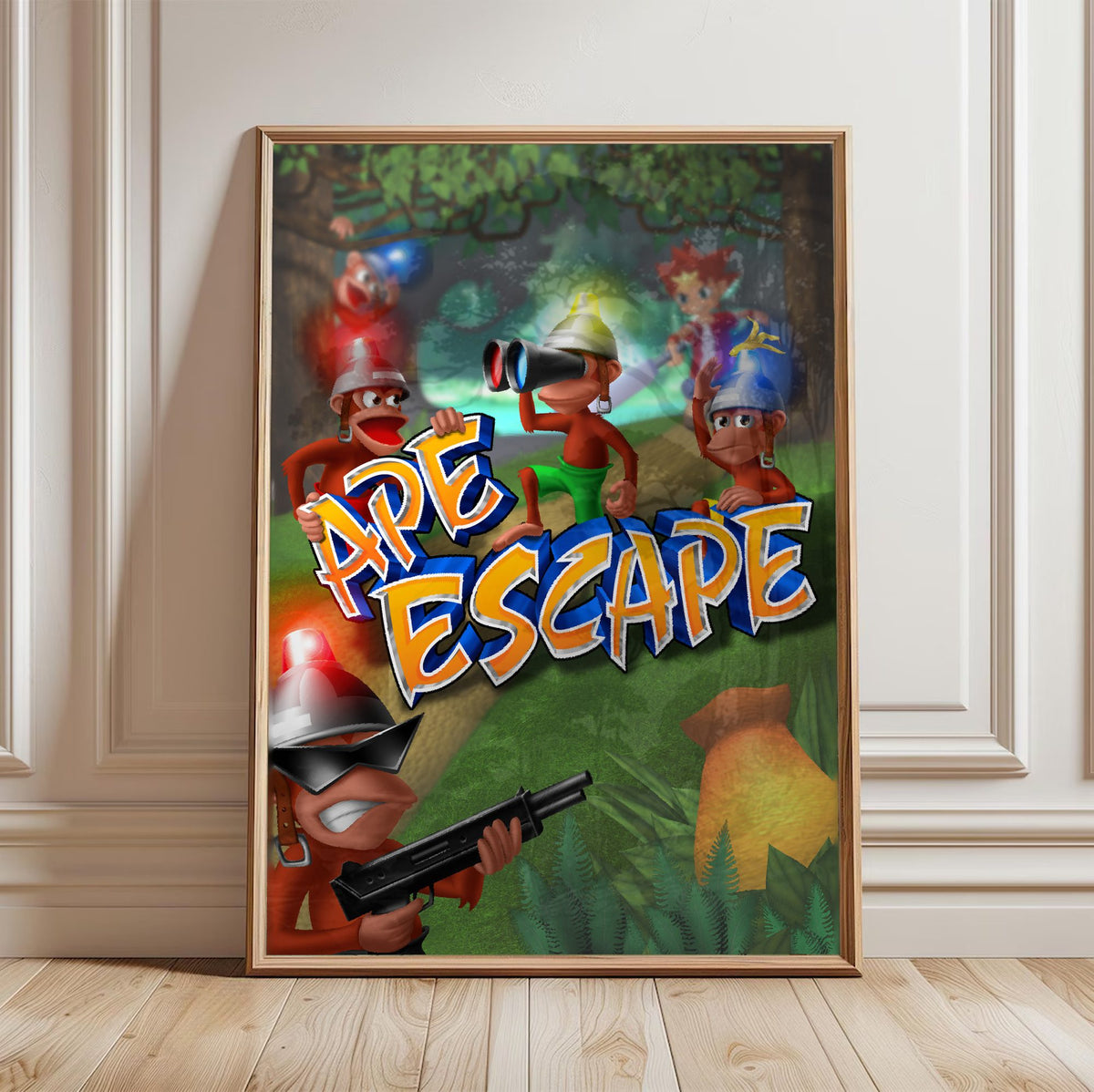 Ape Escape Key Art poster in a light oak frame leaning against a white wall