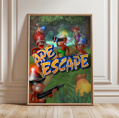 Ape Escape Key Art poster in a light oak frame leaning against a white wall