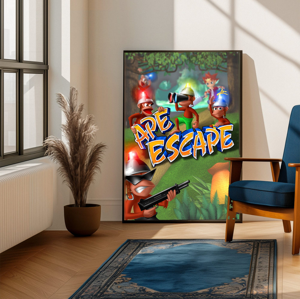 Ape Escape Key Art poster framed beside a blue armchair in a sunlit room