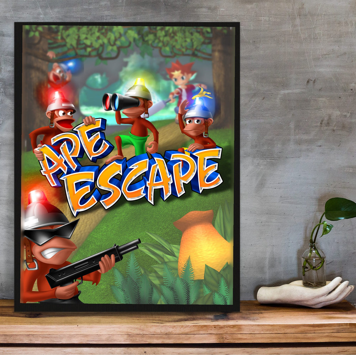 Ape Escape Key Art poster in a black frame on a wooden shelf against concrete