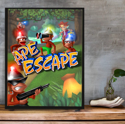 Ape Escape Key Art poster in a black frame on a wooden shelf against concrete