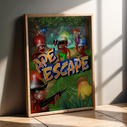 Ape Escape Key Art poster in an oak frame leaning on a wooden floor