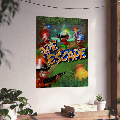 Ape Escape Key Art poster unframed on a white wall above a desk