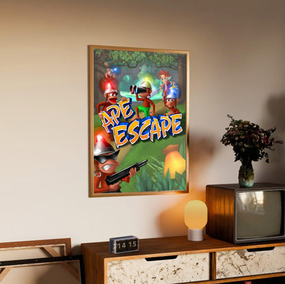 Ape Escape Key Art poster in an oak frame above a sideboard