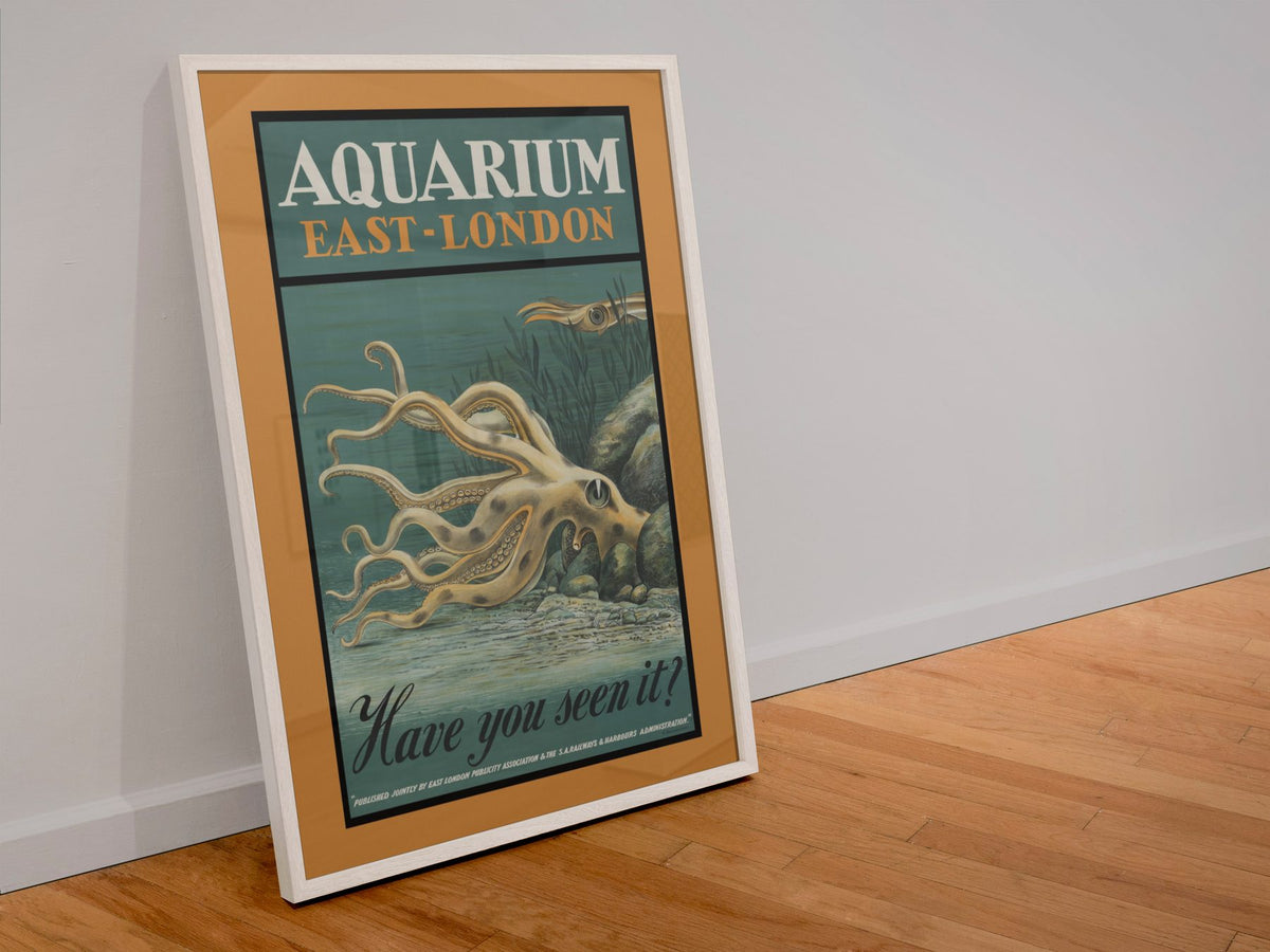 Aquarium East London Octopus poster in a white frame leaning against a wall