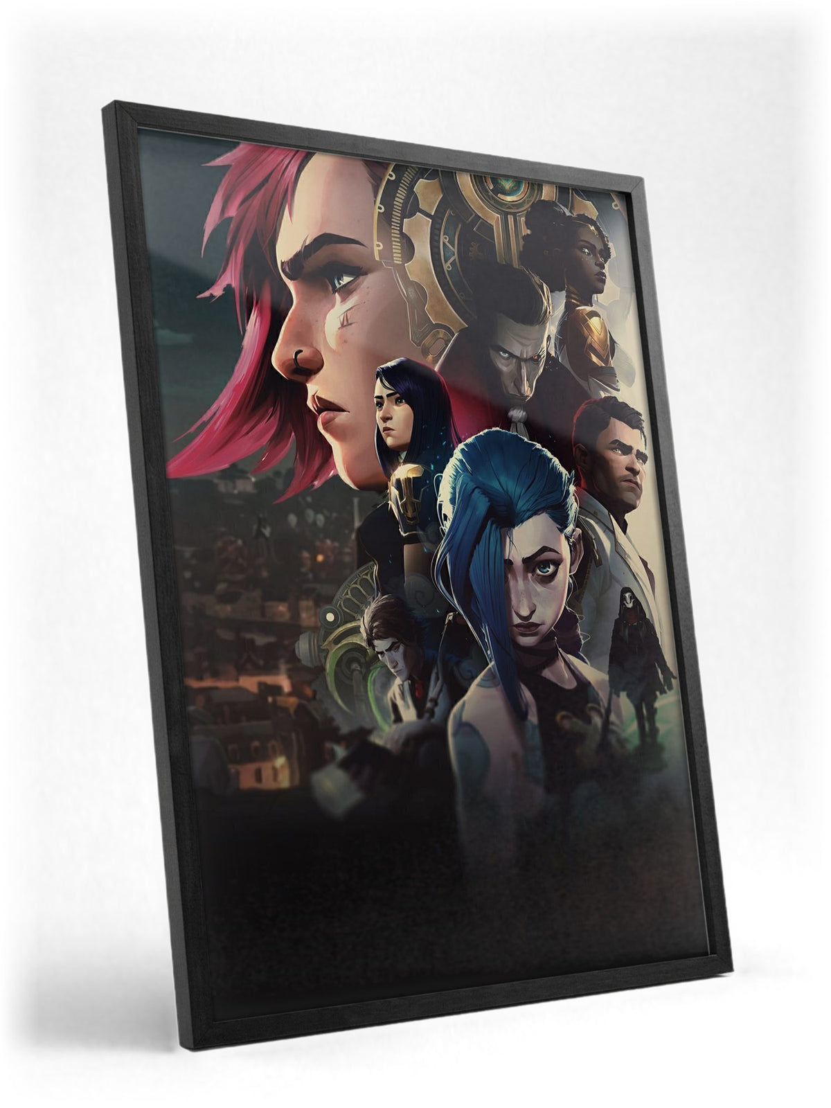 Arcane Character Collage Art poster in a black frame with glass leaning against a wall