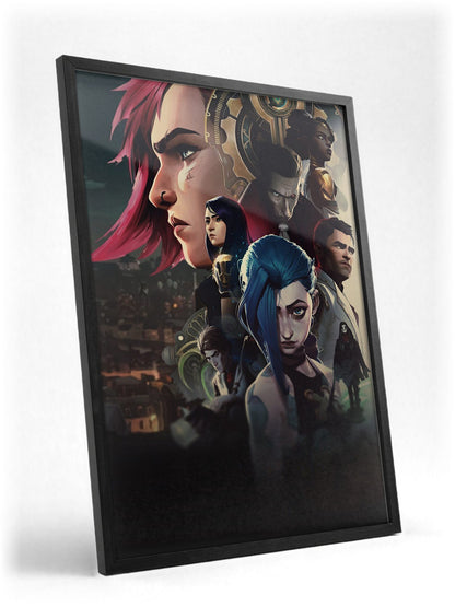 Arcane Character Collage Art poster in a black frame with glass leaning against a wall