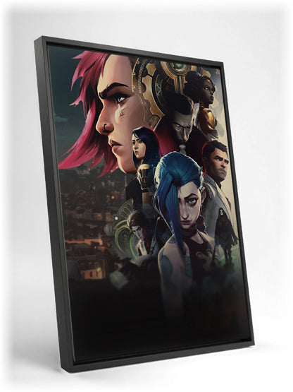 Arcane Character Collage Art as a black floater framed canvas leaning against a wall
