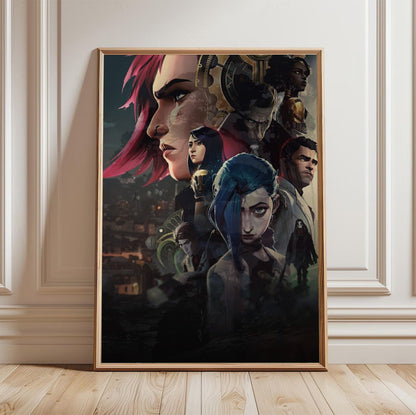 Arcane Character Collage Art poster in a light oak frame leaning against a white wall