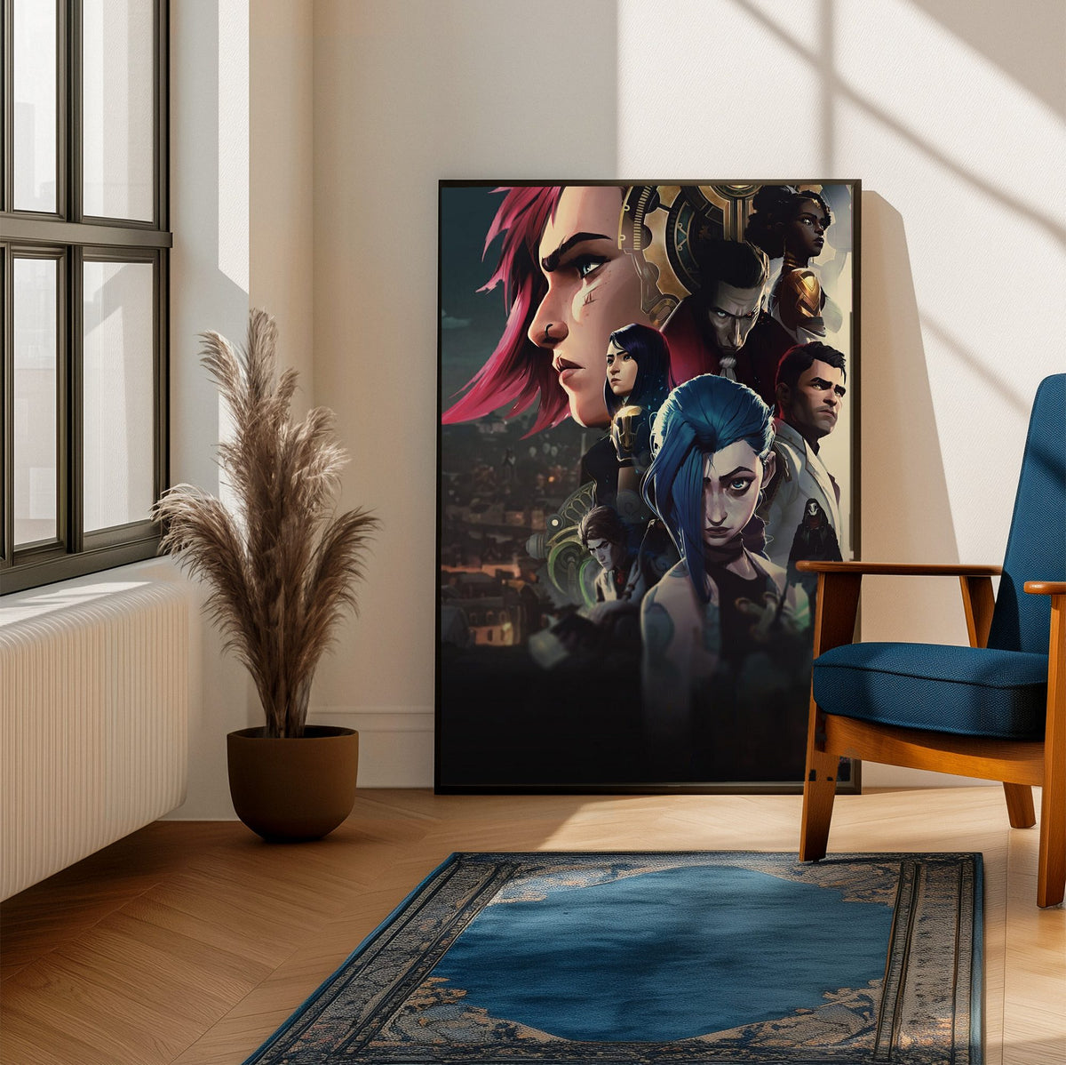 Arcane Character Collage Art poster framed beside a blue armchair in a sunlit room