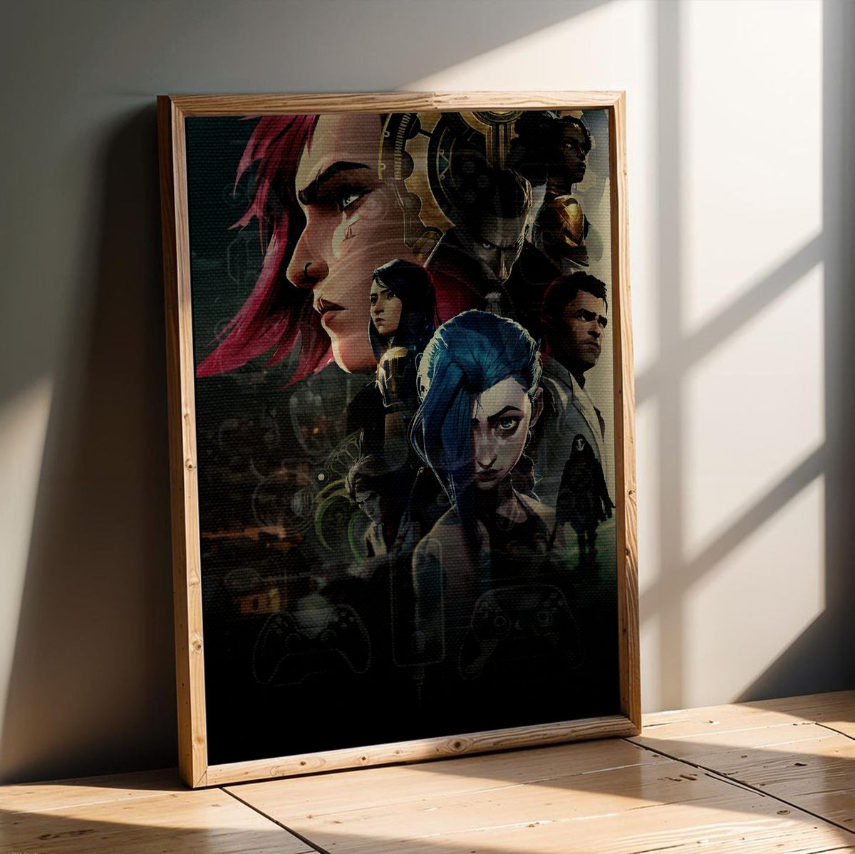 Arcane Character Collage Art poster in an oak frame leaning on a wooden floor
