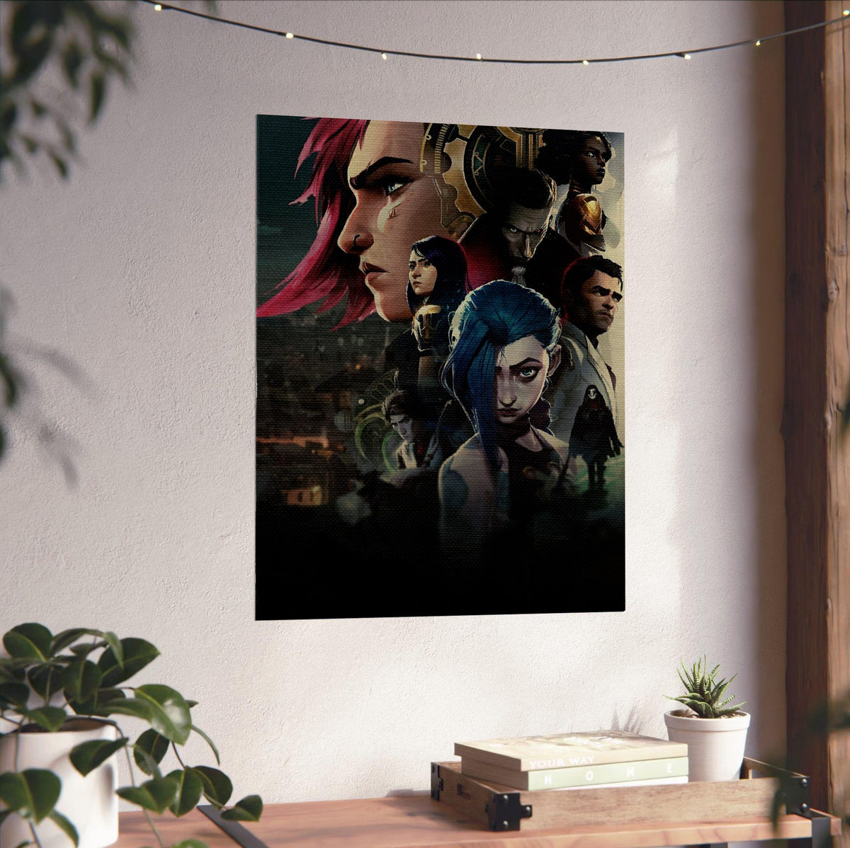 Arcane Character Collage Art poster unframed on a white wall above a desk