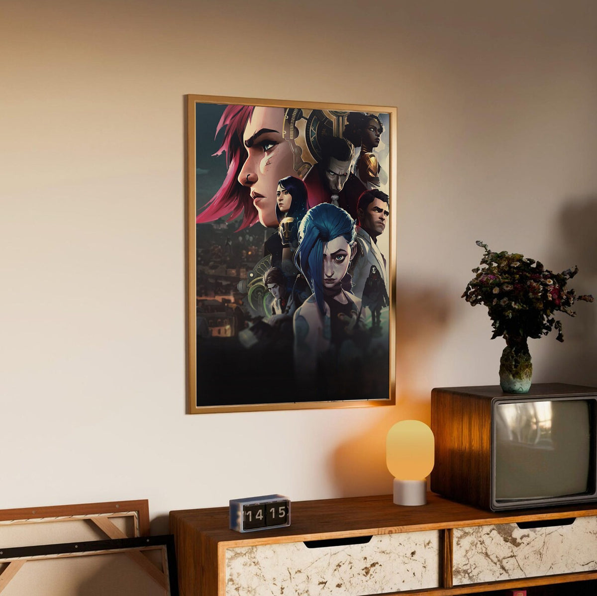 Arcane Character Collage Art poster in an oak frame above a sideboard
